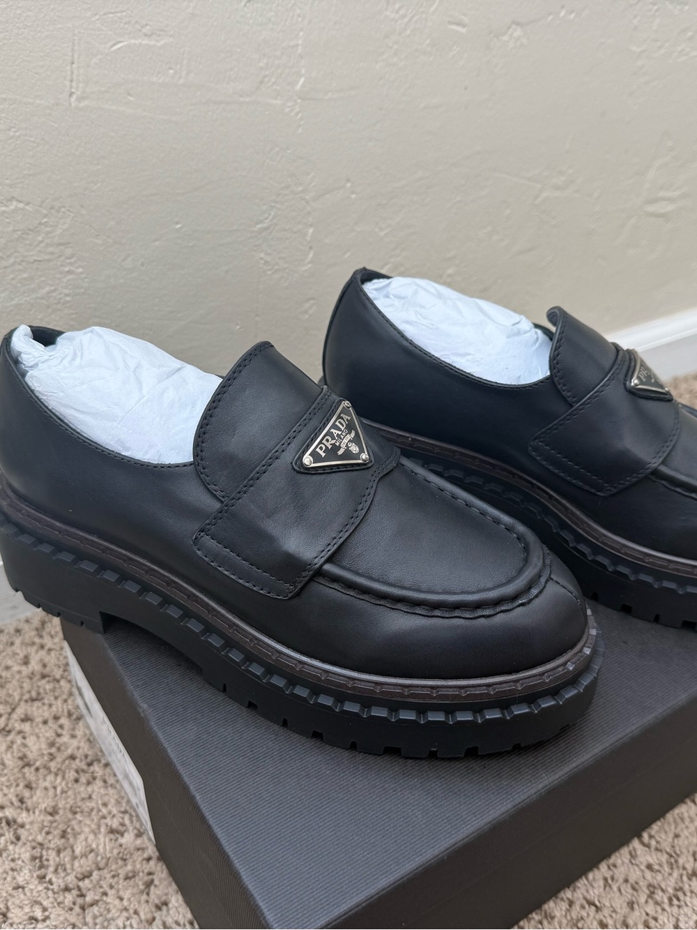 Prada Black Leather Loafers – Size 38 – Brand New